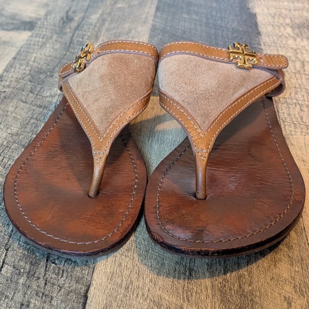Tory Burch Sandals Brown Leather Suede Triangle Flip Flops - Picture 2 of 8